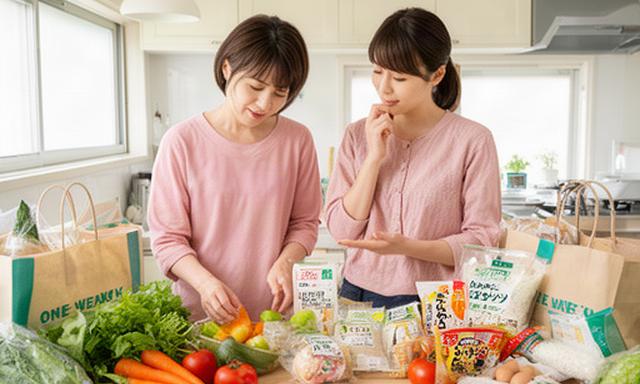 共働きの夫婦がキッチンで一週間分の食材と食費メモを確認している様子